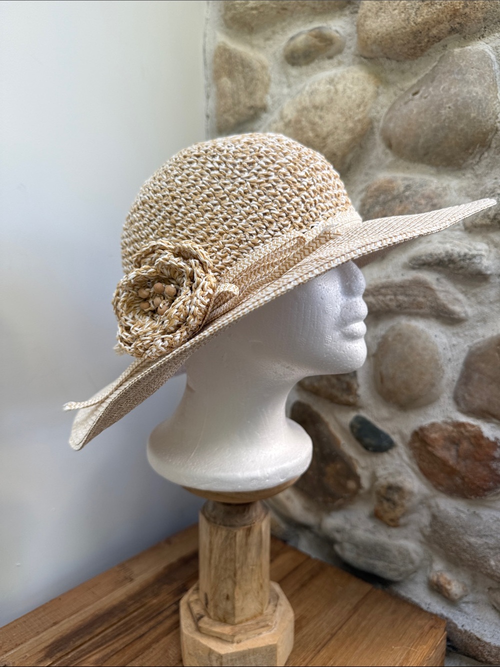 Classic Straw Sun Hat with Floral Accent - Beige